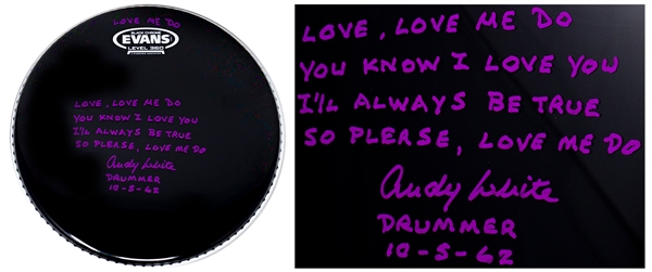 Beatles Drummer Andy White Signed Drumhead With Handwritten Lyrics to ''Love Me Do'' -- White Was the Beatles Drummer on ''Love Me Do'', the First Single on Their Debut Album ''Please Please Me''